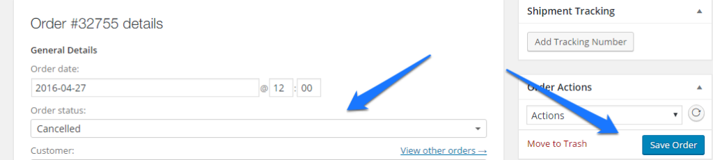 Change the order status to Cancelled